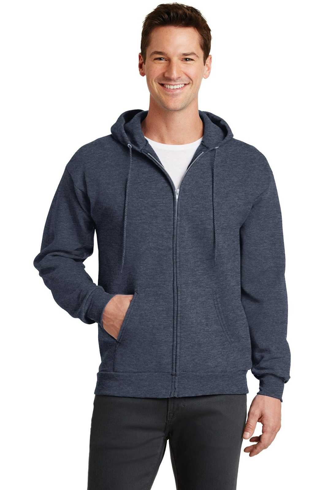 Port &amp; Company PC78ZH Core Fleece Full-Zip Hooded Sweatshirt - Heather Navy - HIT a Double - 1