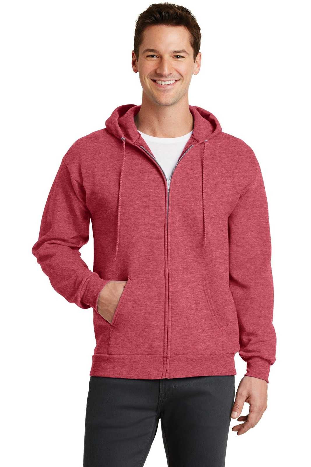 Port &amp; Company PC78ZH Core Fleece Full-Zip Hooded Sweatshirt - Heather Red - HIT a Double - 1