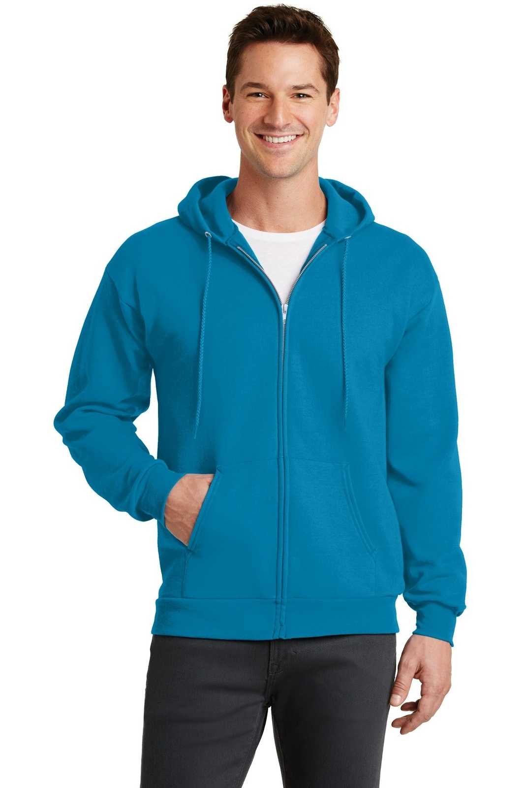 Port &amp; Company PC78ZH Core Fleece Full-Zip Hooded Sweatshirt - Neon Blue - HIT a Double - 1