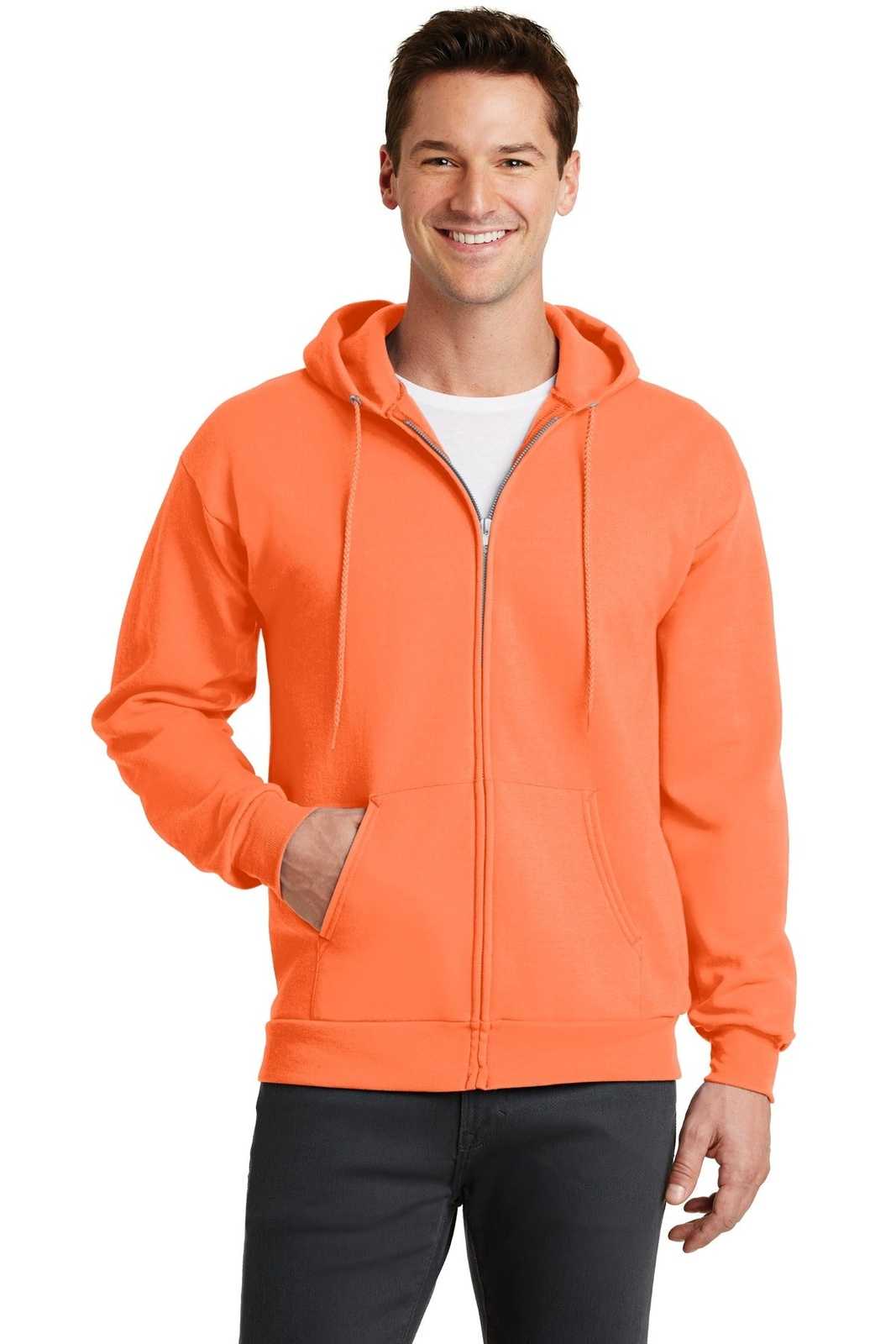 Port &amp; Company PC78ZH Core Fleece Full-Zip Hooded Sweatshirt - Neon Orange - HIT a Double - 1