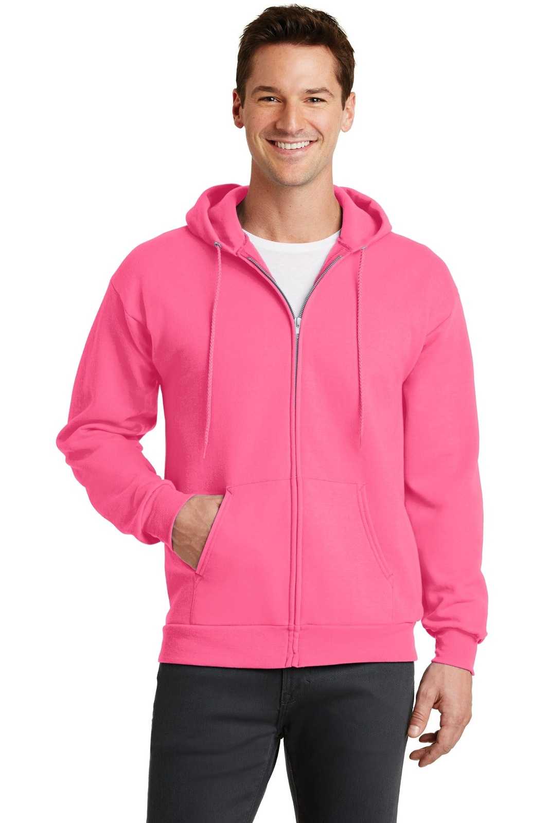 Port &amp; Company PC78ZH Core Fleece Full-Zip Hooded Sweatshirt - Neon Pink - HIT a Double - 1