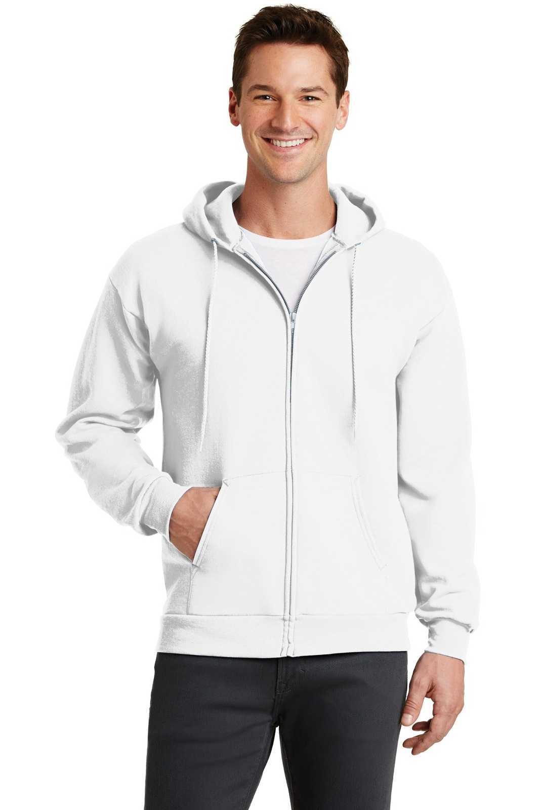 Port &amp; Company PC78ZH Core Fleece Full-Zip Hooded Sweatshirt - White - HIT a Double - 1