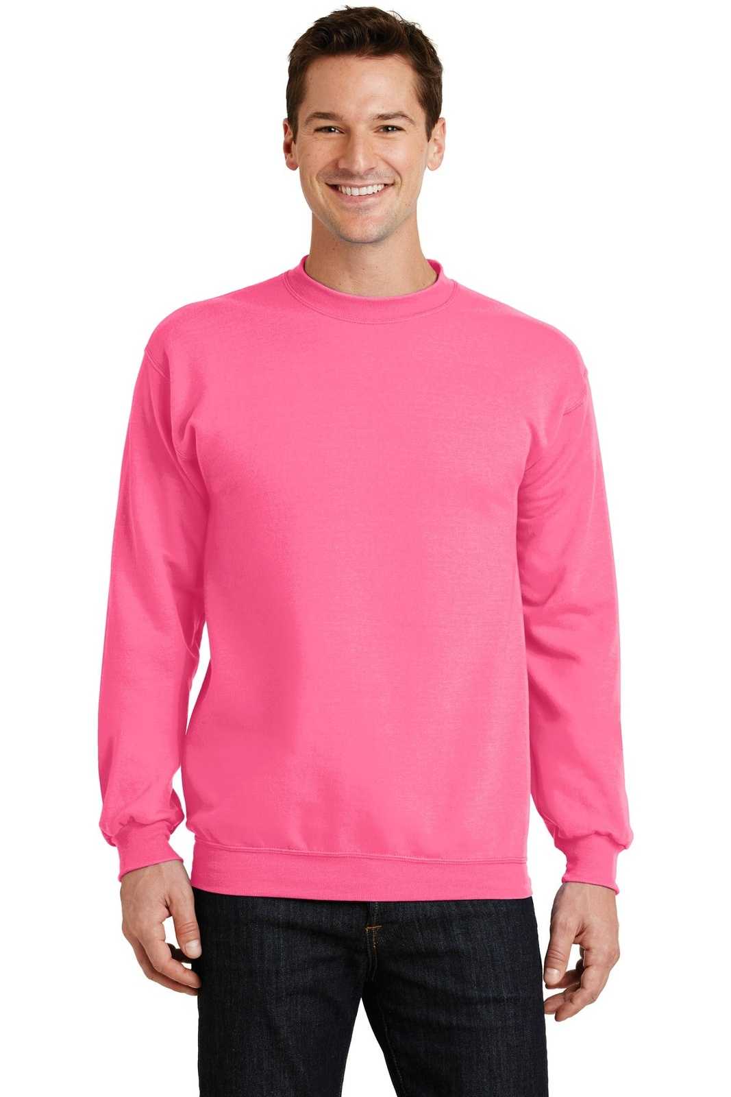 Port &amp; Company PC78 Core Fleece Crewneck Sweatshirt - Neon Pink - HIT a Double - 1