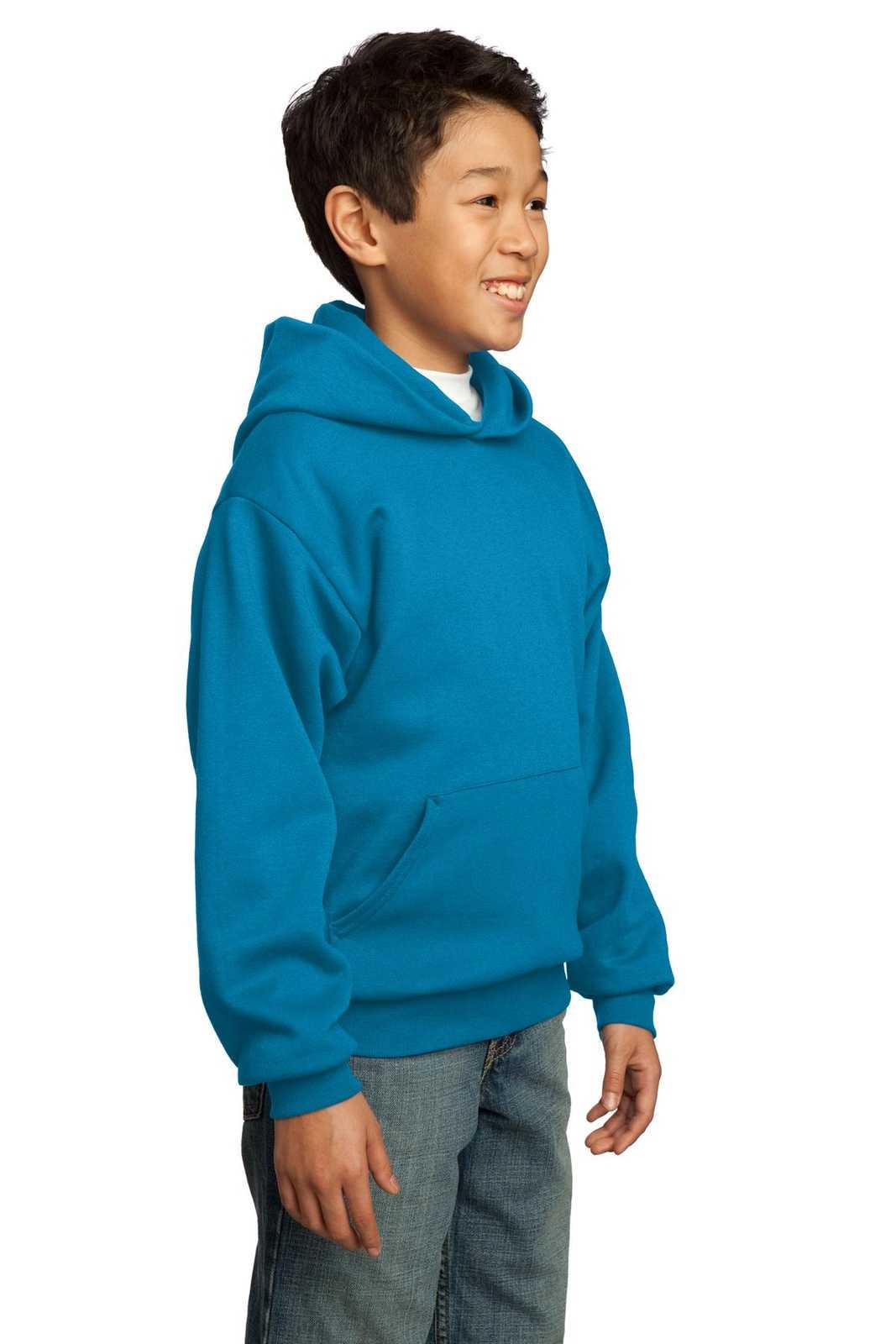 Port &amp; Company PC90YH Youth Core Fleece Pullover Hooded Sweatshirt - Neon Blue - HIT a Double - 4