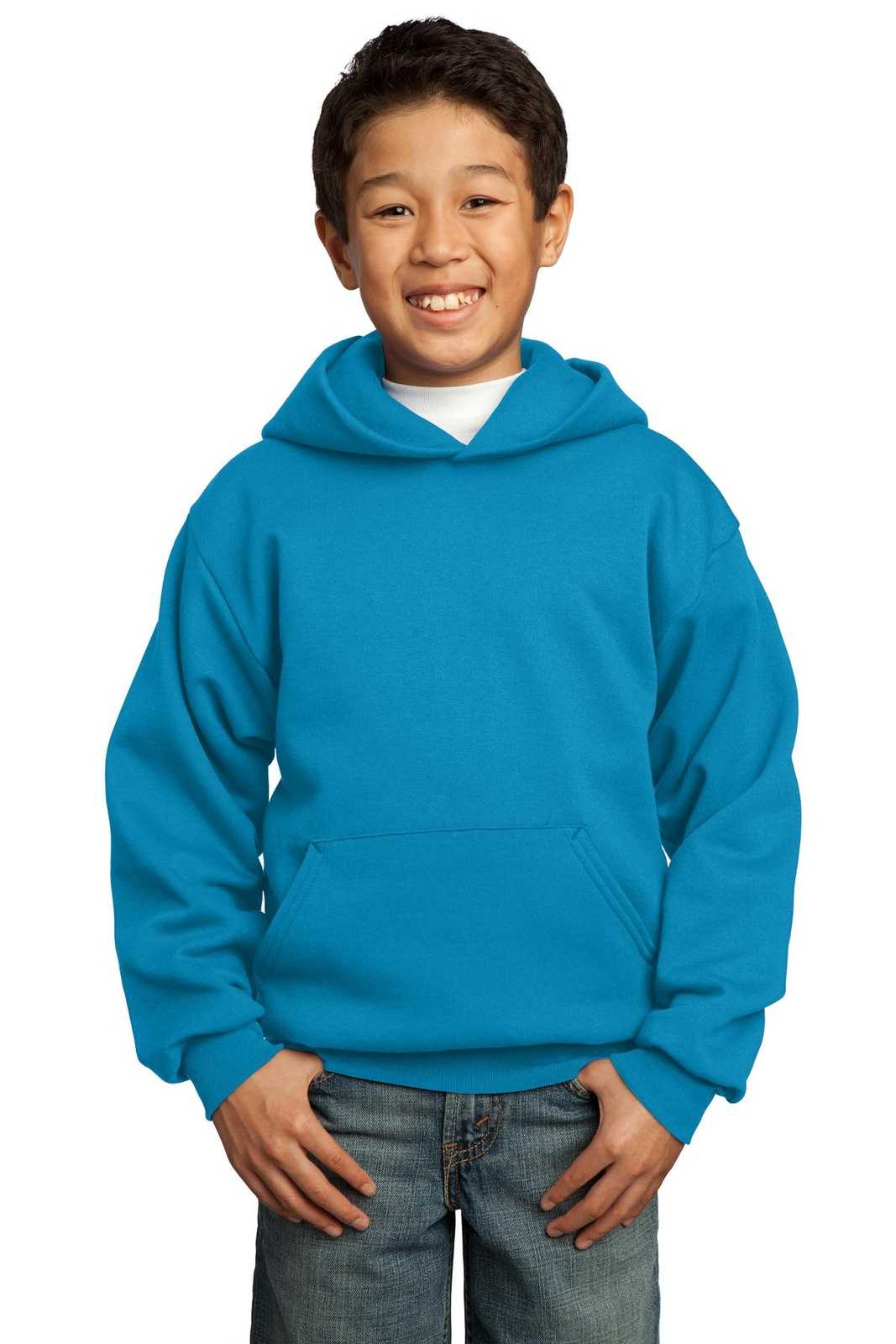 Port &amp; Company PC90YH Youth Core Fleece Pullover Hooded Sweatshirt - Neon Blue - HIT a Double - 1