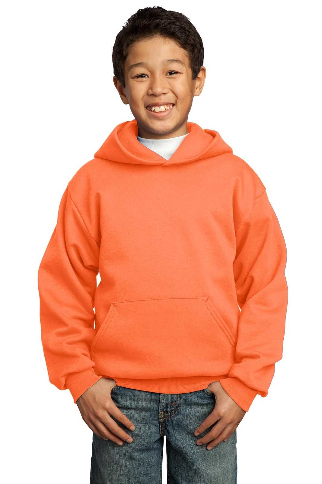 Port &amp; Company PC90YH Youth Core Fleece Pullover Hooded Sweatshirt - Neon Orange - HIT a Double - 1