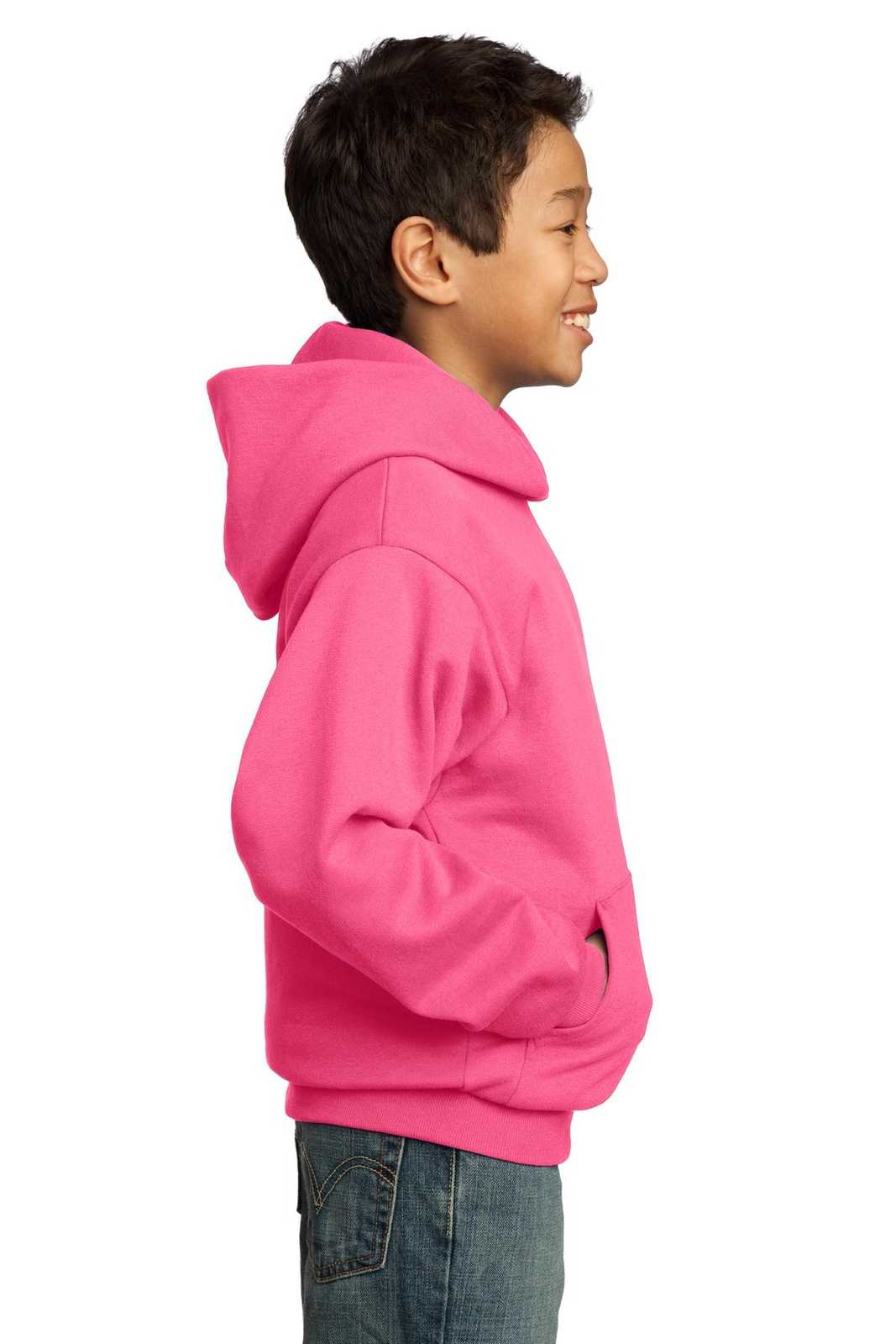 Port &amp; Company PC90YH Youth Core Fleece Pullover Hooded Sweatshirt - Neon Pink - HIT a Double - 3