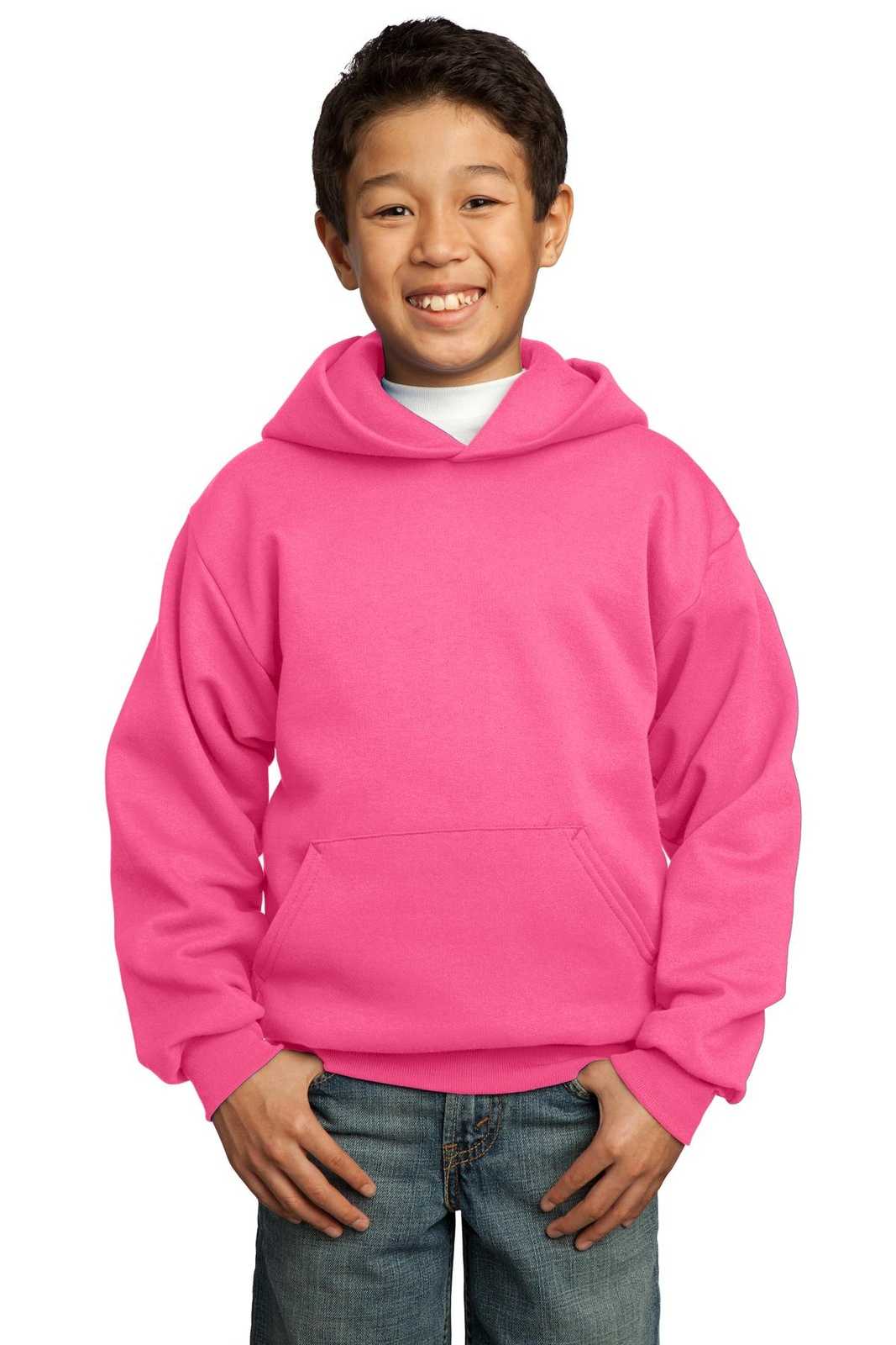 Port &amp; Company PC90YH Youth Core Fleece Pullover Hooded Sweatshirt - Neon Pink - HIT a Double - 1