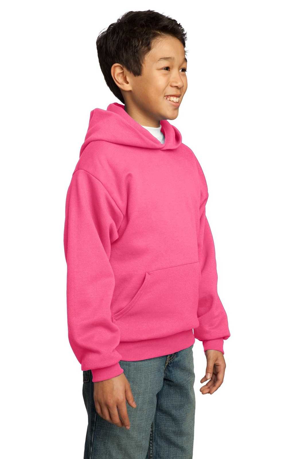 Port &amp; Company PC90YH Youth Core Fleece Pullover Hooded Sweatshirt - Neon Pink - HIT a Double - 4