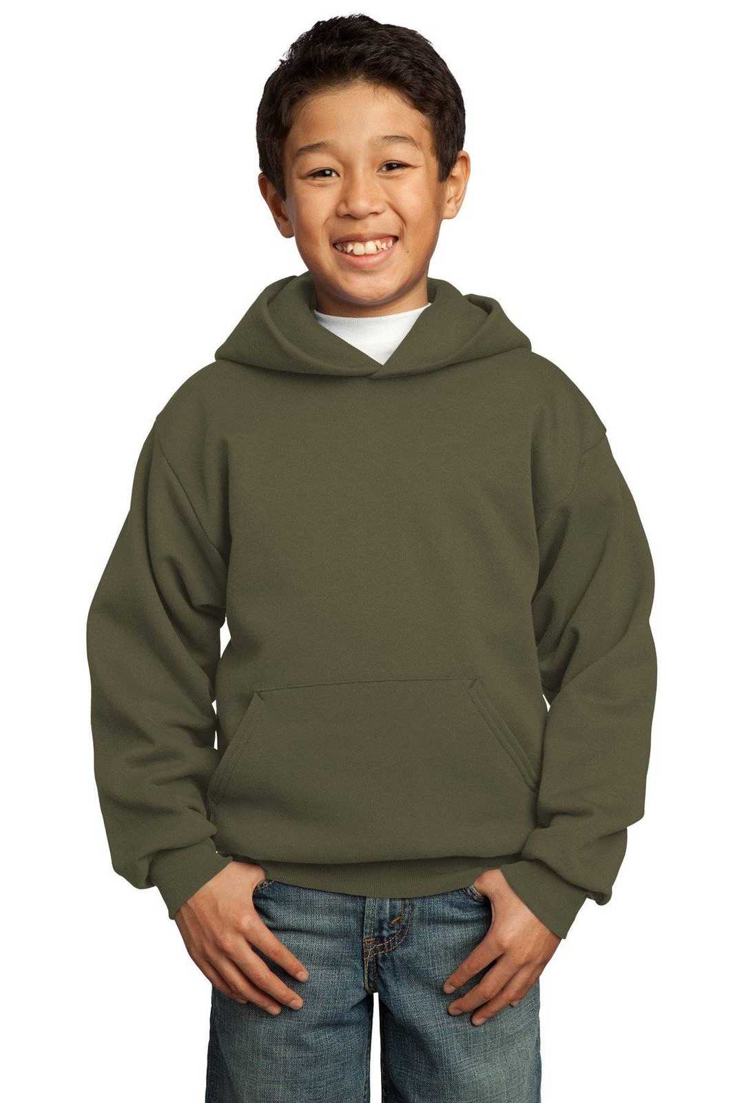 Port &amp; Company PC90YH Youth Core Fleece Pullover Hooded Sweatshirt - Olive Drab Green - HIT a Double - 1