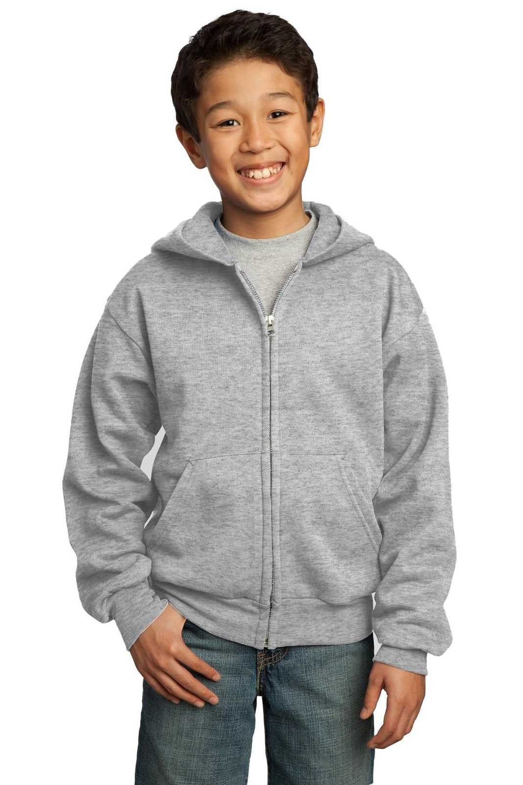 Port &amp; Company PC90YZH Youth Core Fleece Full-Zip Hooded Sweatshirt - Ash - HIT a Double - 1