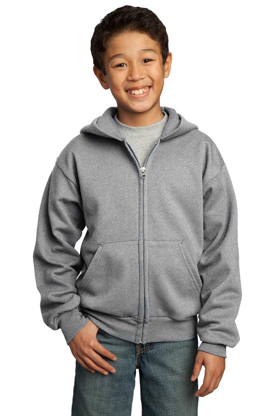 Port &amp; Company PC90YZH Youth Core Fleece Full-Zip Hooded Sweatshirt - Athletic Heather - HIT a Double - 1