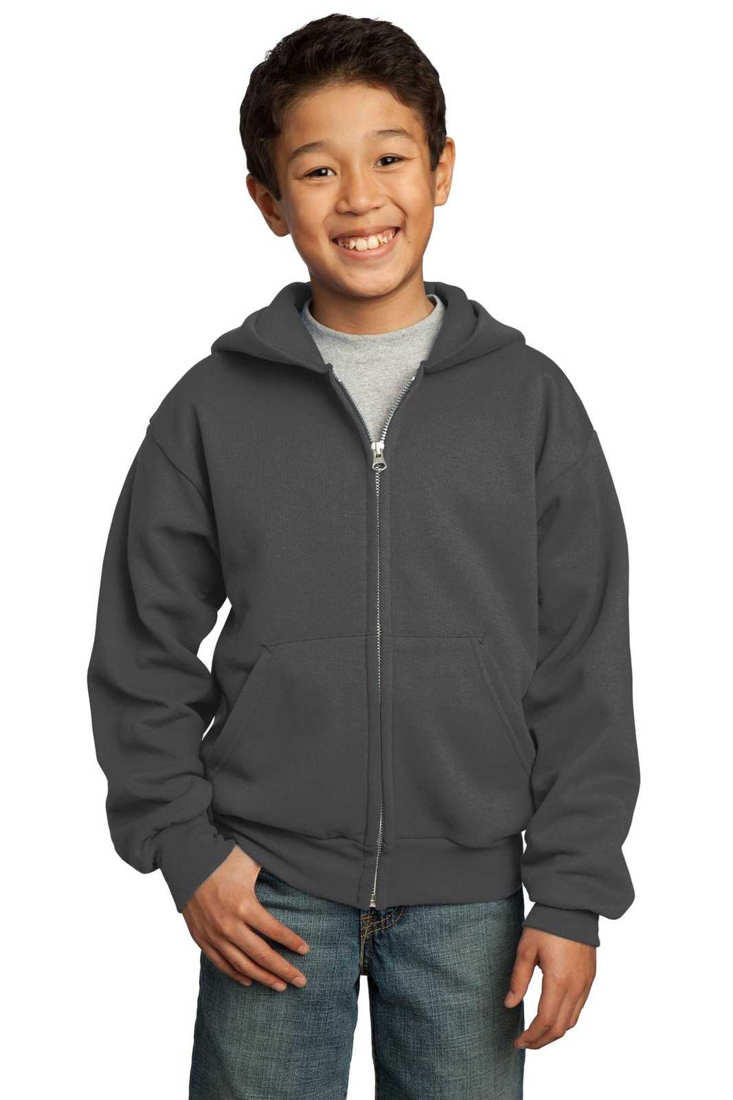 Port &amp; Company PC90YZH Youth Core Fleece Full-Zip Hooded Sweatshirt - Charcoal - HIT a Double - 1
