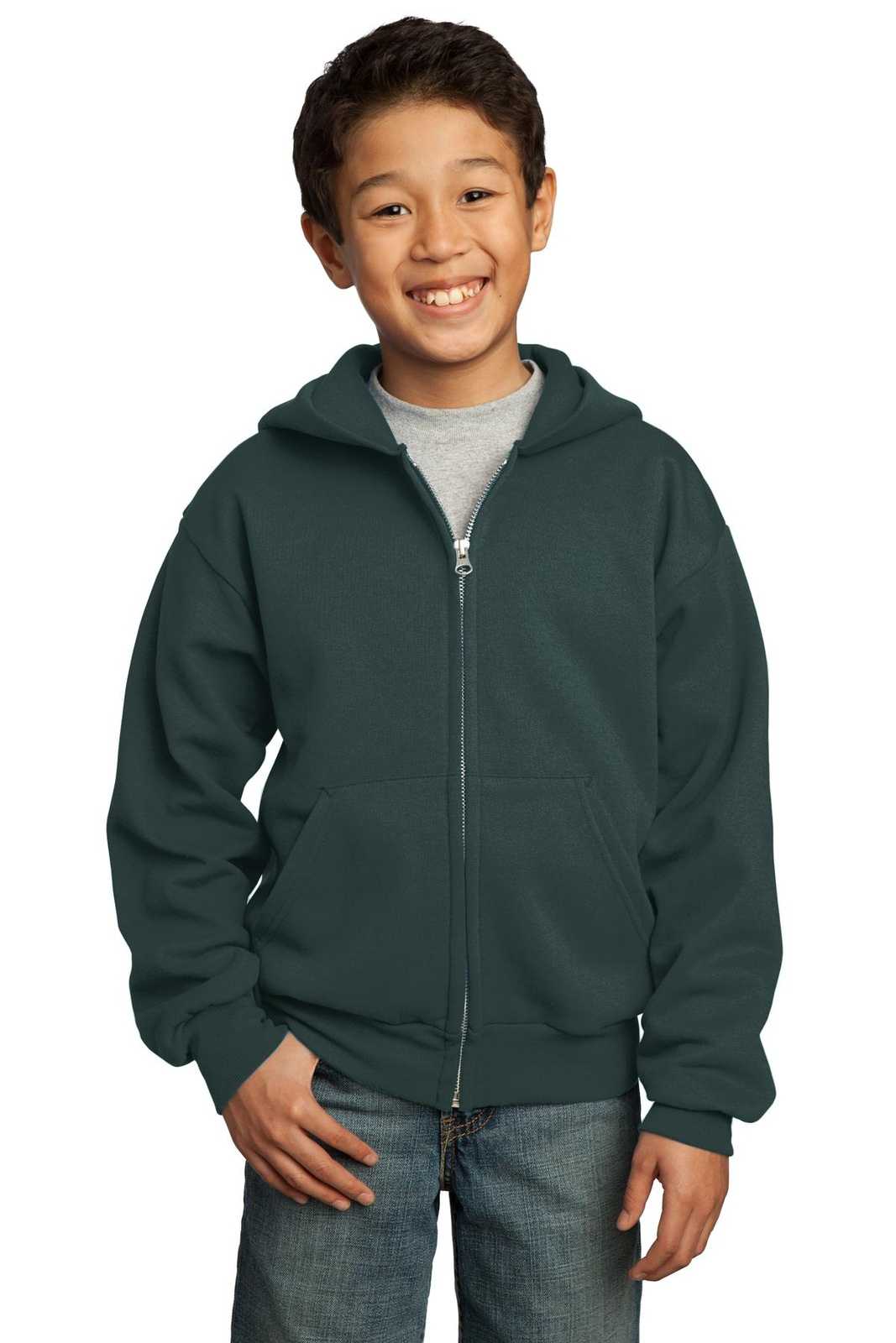Port &amp; Company PC90YZH Youth Core Fleece Full-Zip Hooded Sweatshirt - Dark Green - HIT a Double - 1