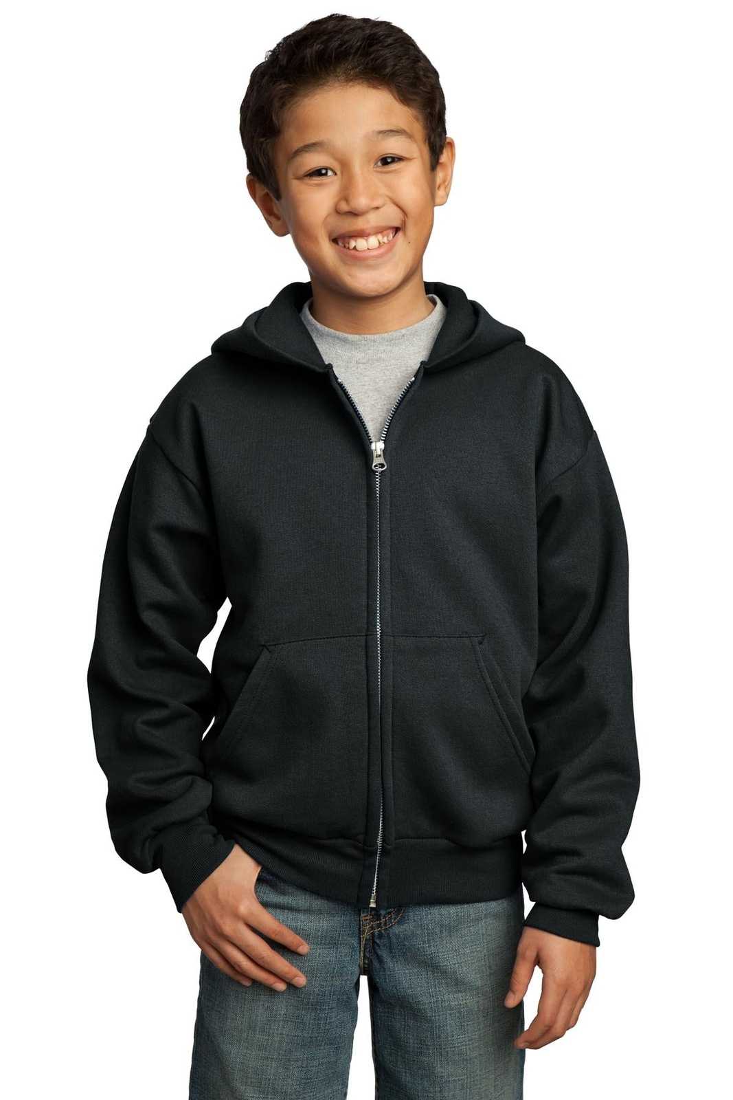 Port &amp; Company PC90YZH Youth Core Fleece Full-Zip Hooded Sweatshirt - Jet Black - HIT a Double - 1
