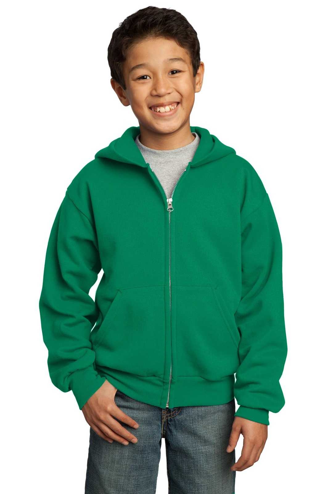 Port &amp; Company PC90YZH Youth Core Fleece Full-Zip Hooded Sweatshirt - Kelly - HIT a Double - 1