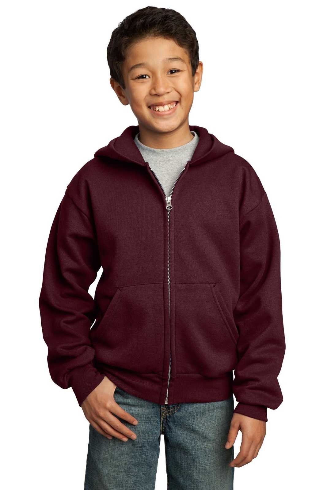 Port &amp; Company PC90YZH Youth Core Fleece Full-Zip Hooded Sweatshirt - Maroon - HIT a Double - 1