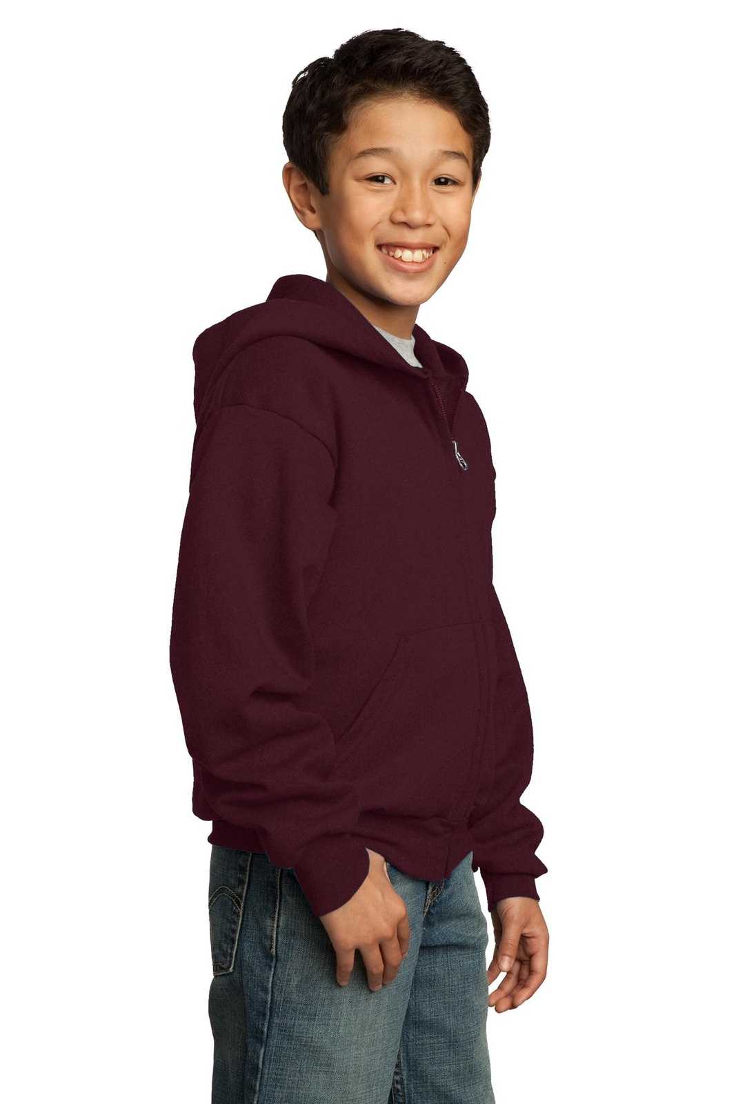 Port &amp; Company PC90YZH Youth Core Fleece Full-Zip Hooded Sweatshirt - Maroon - HIT a Double - 4