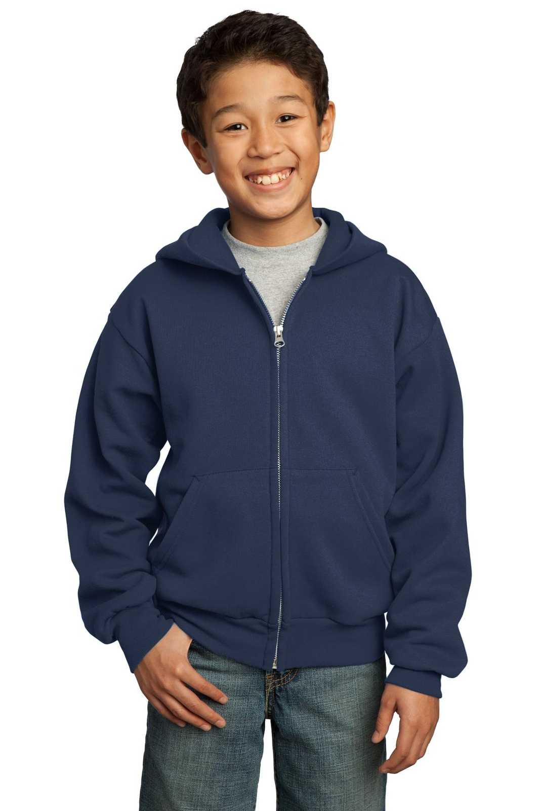 Port &amp; Company PC90YZH Youth Core Fleece Full-Zip Hooded Sweatshirt - Navy - HIT a Double - 1