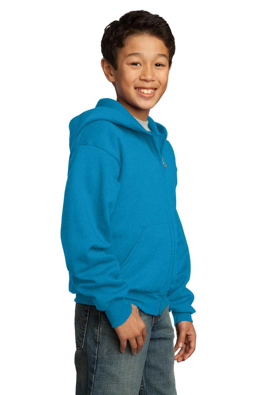 Port &amp; Company PC90YZH Youth Core Fleece Full-Zip Hooded Sweatshirt - Neon Blue - HIT a Double - 4