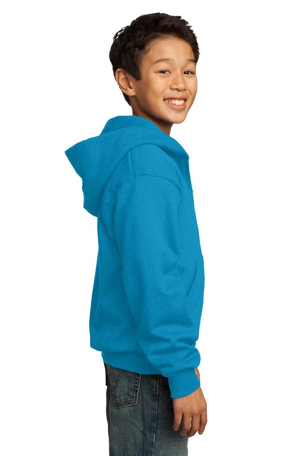 Port &amp; Company PC90YZH Youth Core Fleece Full-Zip Hooded Sweatshirt - Neon Blue - HIT a Double - 3
