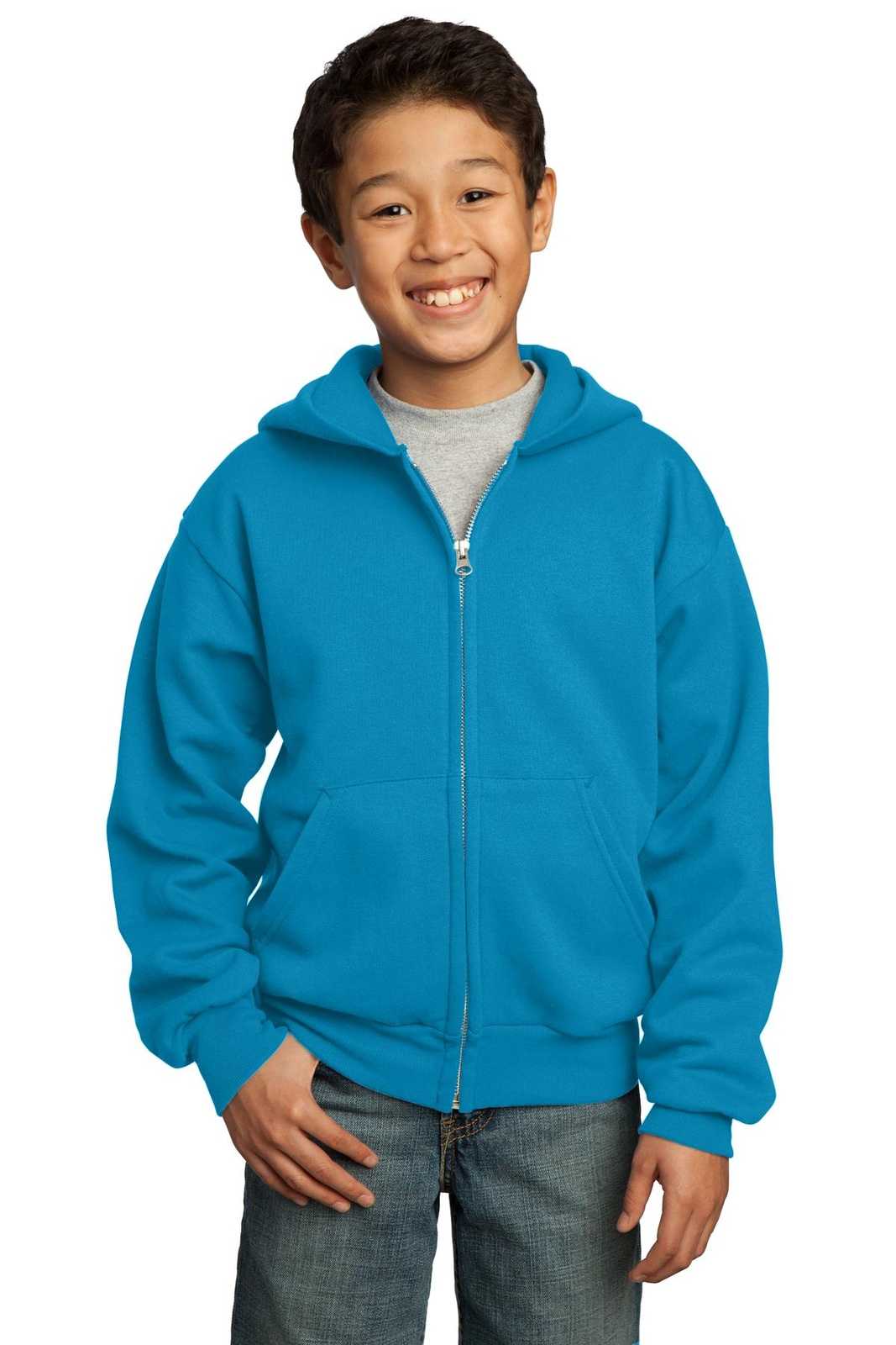 Port &amp; Company PC90YZH Youth Core Fleece Full-Zip Hooded Sweatshirt - Neon Blue - HIT a Double - 1