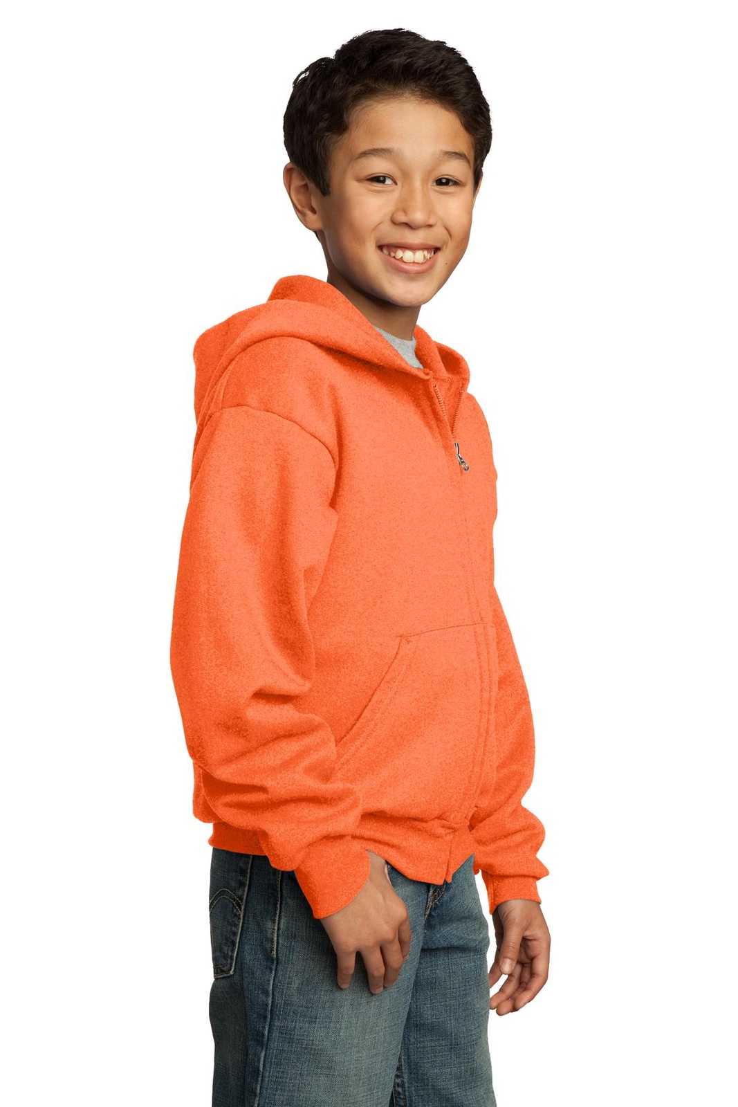 Port &amp; Company PC90YZH Youth Core Fleece Full-Zip Hooded Sweatshirt - Neon Orange - HIT a Double - 4