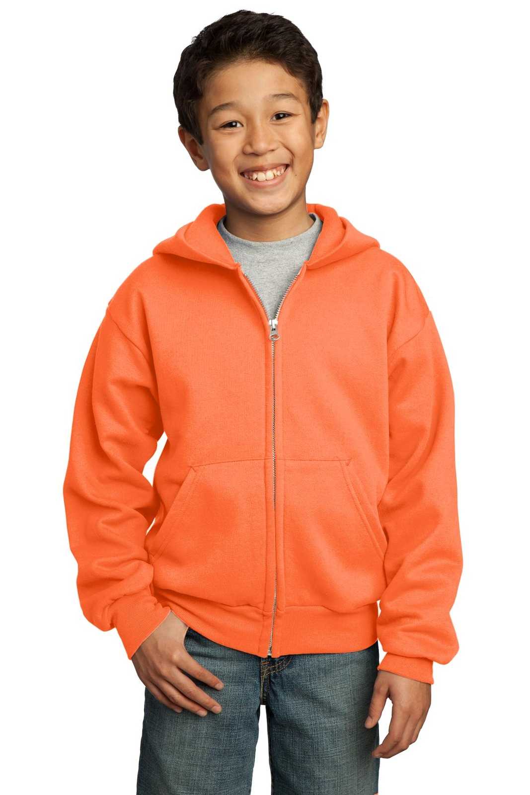 Port &amp; Company PC90YZH Youth Core Fleece Full-Zip Hooded Sweatshirt - Neon Orange - HIT a Double - 1