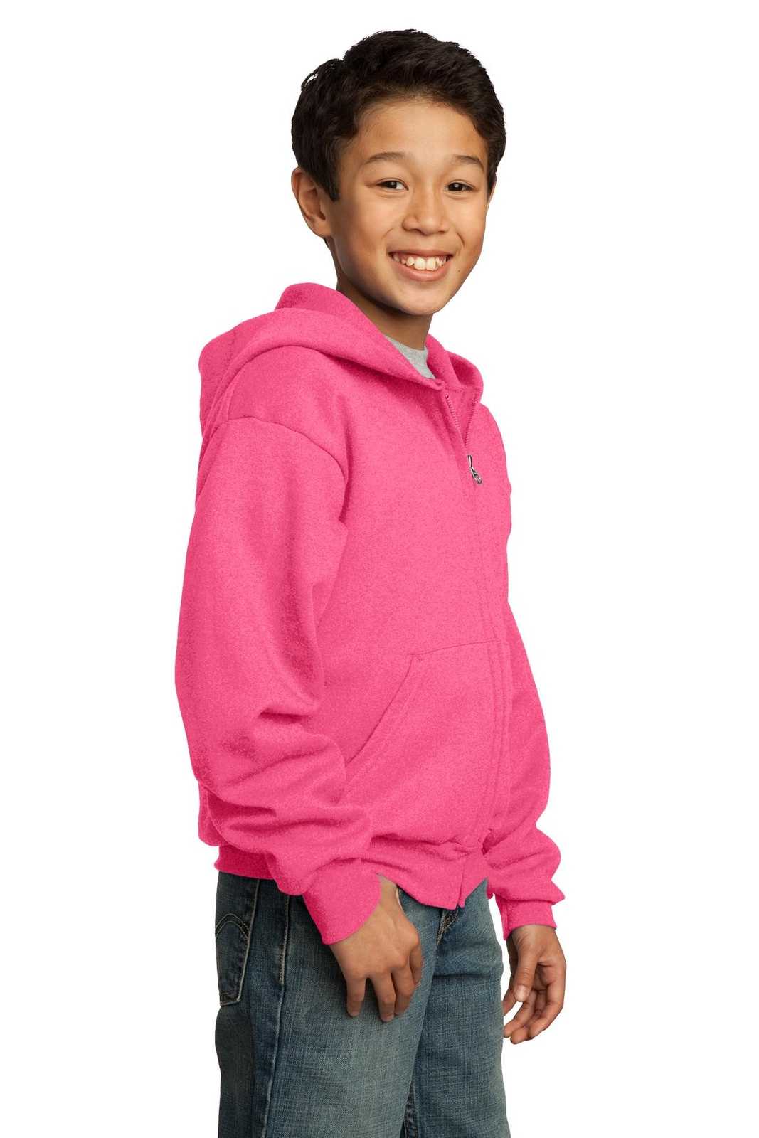 Port &amp; Company PC90YZH Youth Core Fleece Full-Zip Hooded Sweatshirt - Neon Pink - HIT a Double - 4