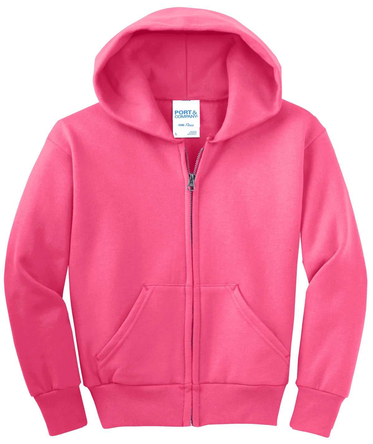 Port &amp; Company PC90YZH Youth Core Fleece Full-Zip Hooded Sweatshirt - Neon Pink - HIT a Double - 5