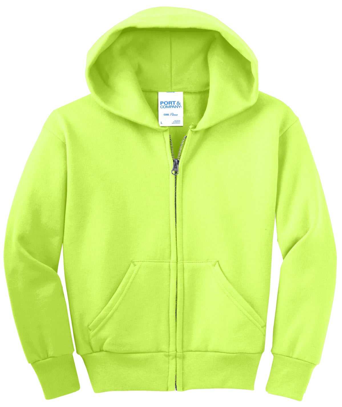 Port &amp; Company PC90YZH Youth Core Fleece Full-Zip Hooded Sweatshirt - Neon Yellow - HIT a Double - 5