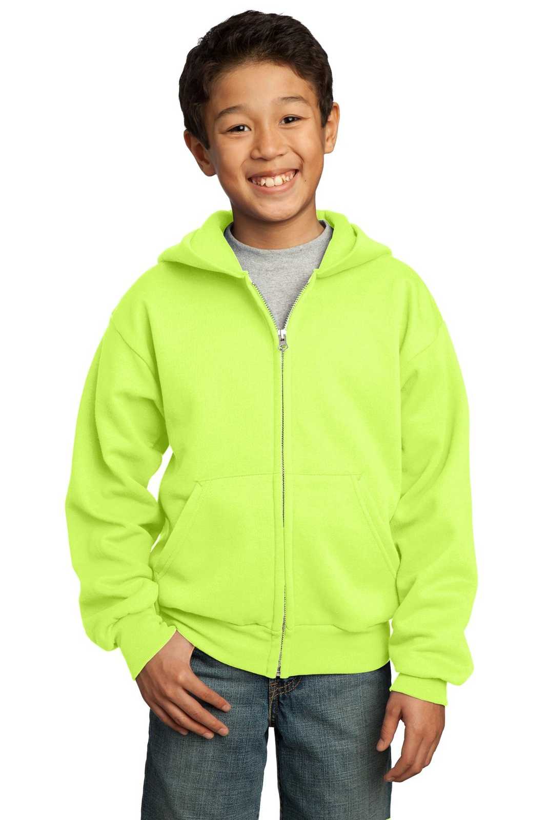 Port &amp; Company PC90YZH Youth Core Fleece Full-Zip Hooded Sweatshirt - Neon Yellow - HIT a Double - 1