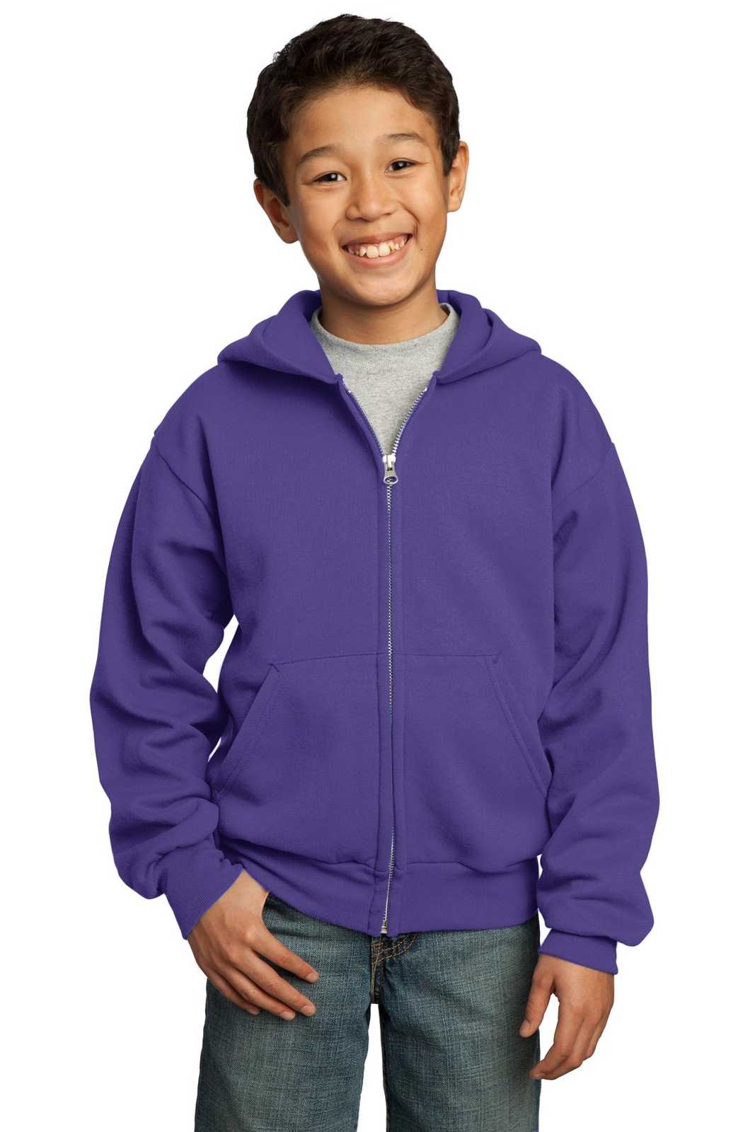 Port &amp; Company PC90YZH Youth Core Fleece Full-Zip Hooded Sweatshirt - Purple - HIT a Double - 1