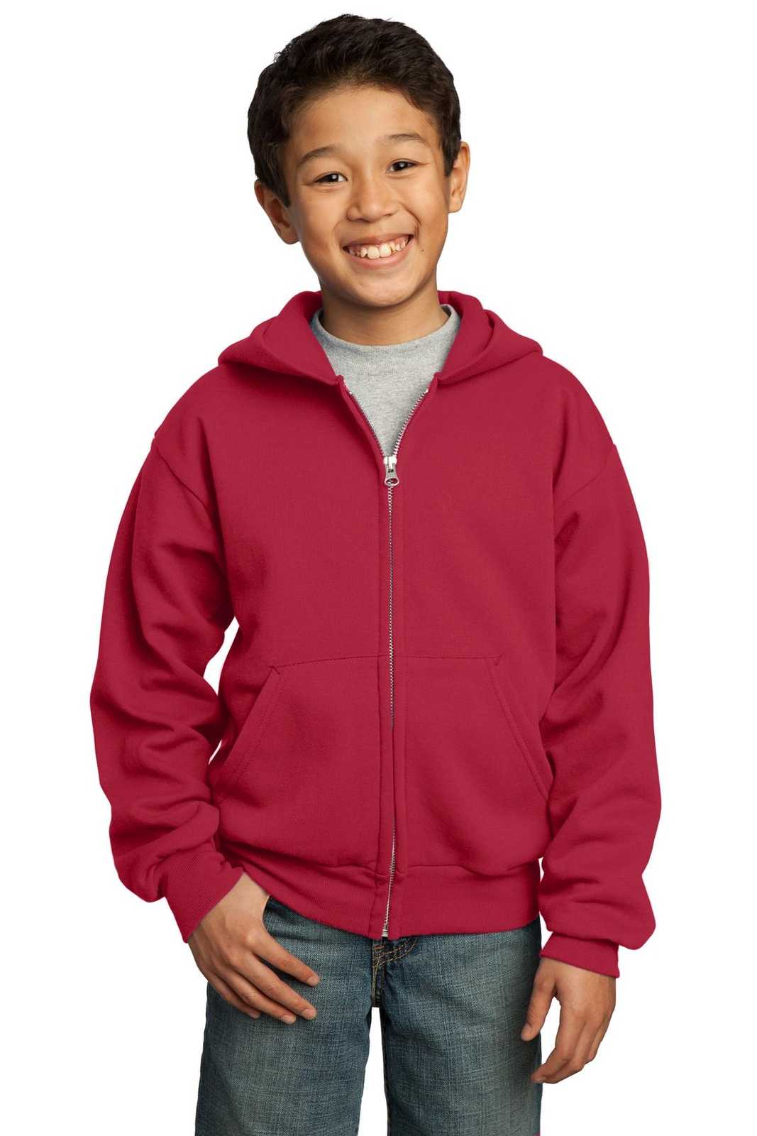 Port &amp; Company PC90YZH Youth Core Fleece Full-Zip Hooded Sweatshirt - Red - HIT a Double - 1