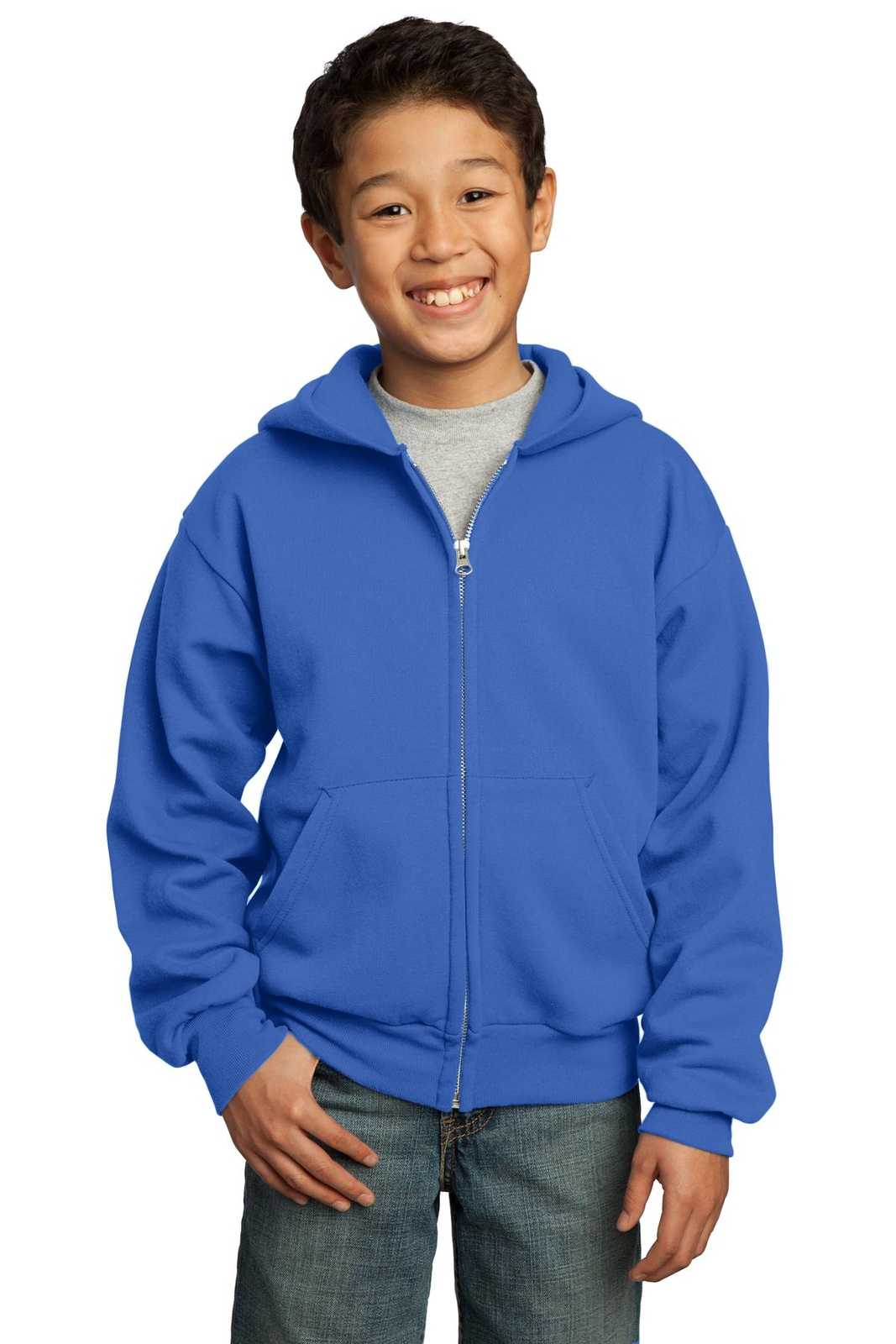 Port &amp; Company PC90YZH Youth Core Fleece Full-Zip Hooded Sweatshirt - Royal - HIT a Double - 1