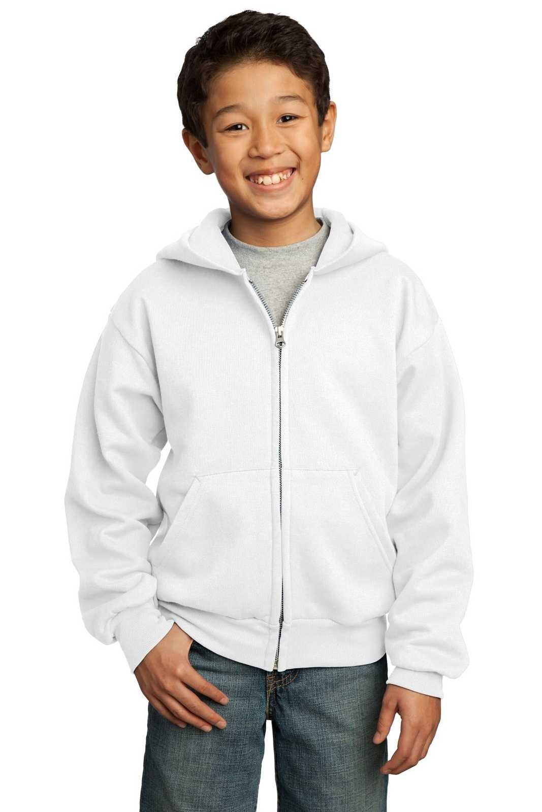 Port &amp; Company PC90YZH Youth Core Fleece Full-Zip Hooded Sweatshirt - White - HIT a Double - 1