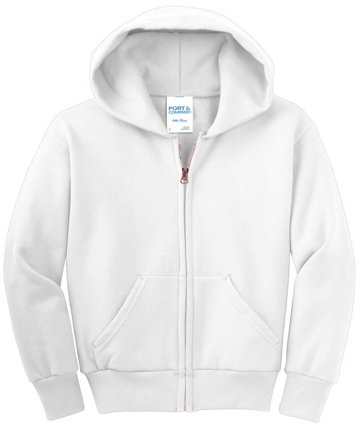 Port &amp; Company PC90YZH Youth Core Fleece Full-Zip Hooded Sweatshirt - White - HIT a Double - 5