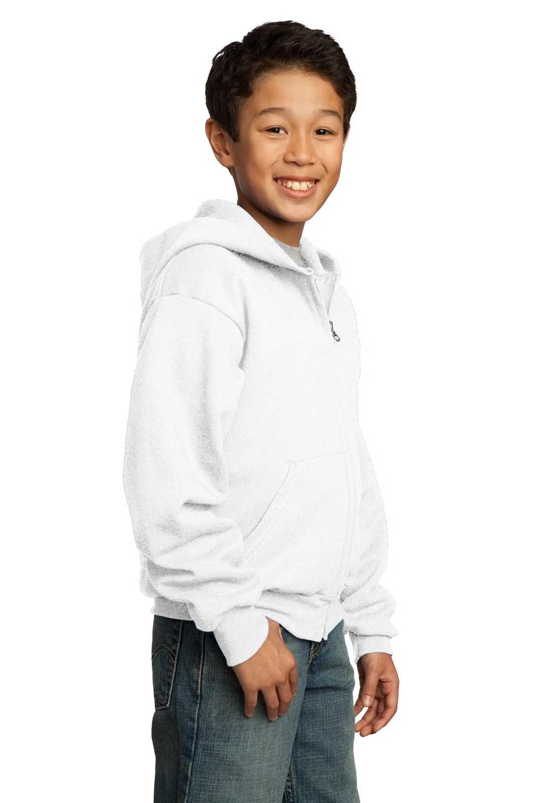 Port &amp; Company PC90YZH Youth Core Fleece Full-Zip Hooded Sweatshirt - White - HIT a Double - 4