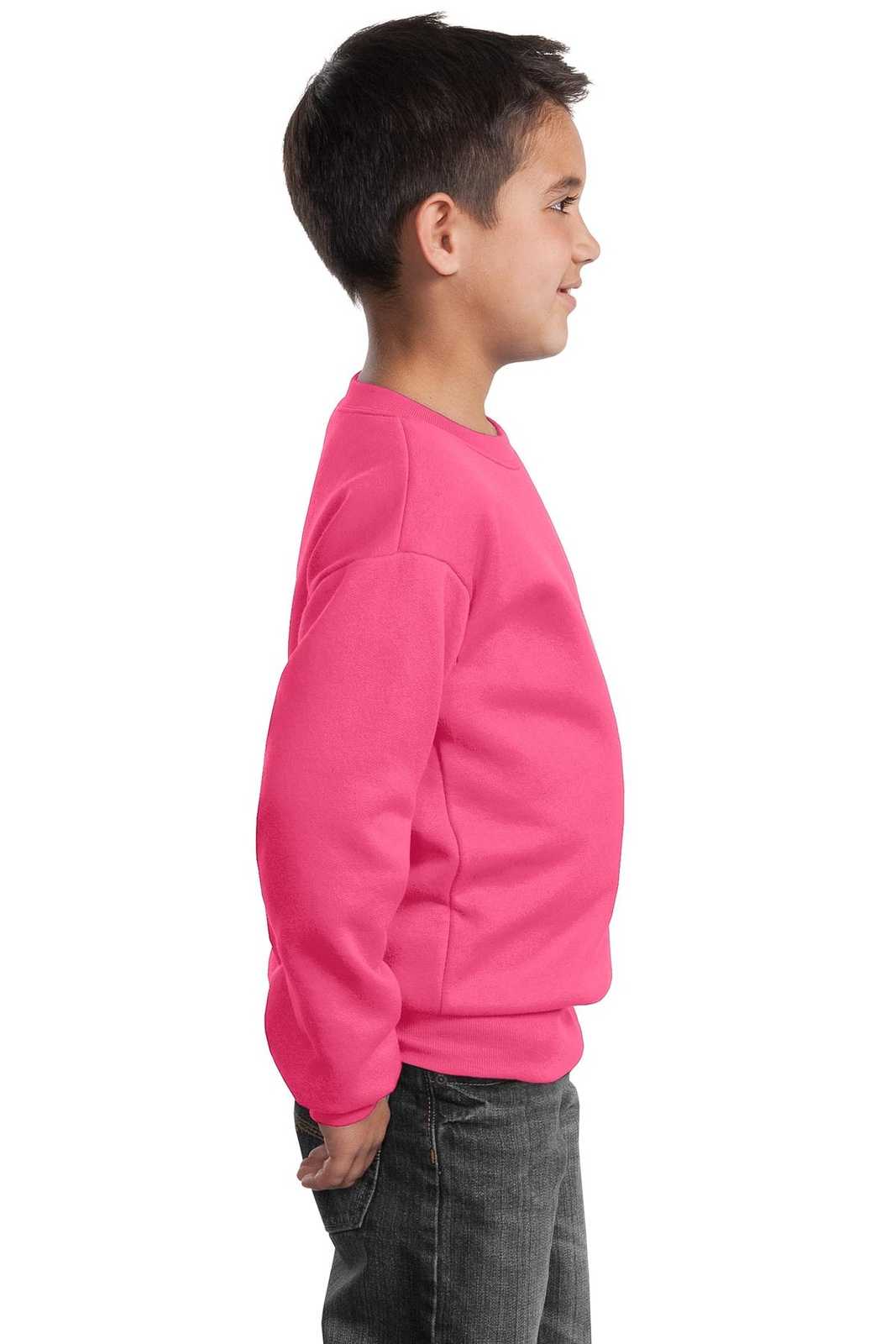 Port &amp; Company PC90Y Youth Core Fleece Crewneck Sweatshirt - Neon Pink - HIT a Double - 3