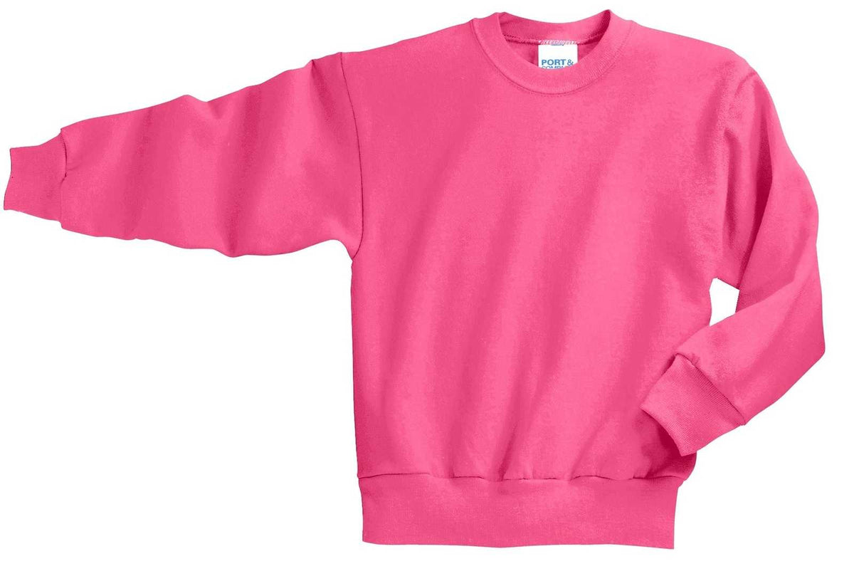 Port &amp; Company PC90Y Youth Core Fleece Crewneck Sweatshirt - Neon Pink - HIT a Double - 4