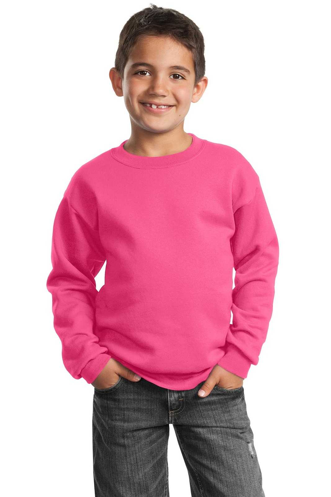 Port &amp; Company PC90Y Youth Core Fleece Crewneck Sweatshirt - Neon Pink - HIT a Double - 1