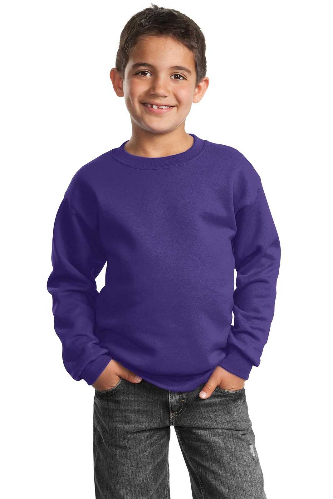 Port &amp; Company PC90Y Youth Core Fleece Crewneck Sweatshirt - Purple - HIT a Double - 1