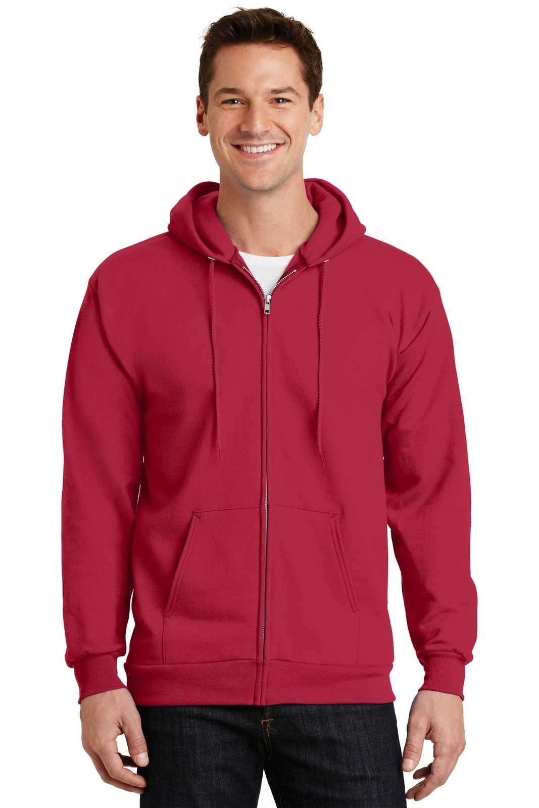 Port &amp; Company PC90ZH Essential Fleece Full-Zip Hooded Sweatshirt - Red - HIT a Double - 1