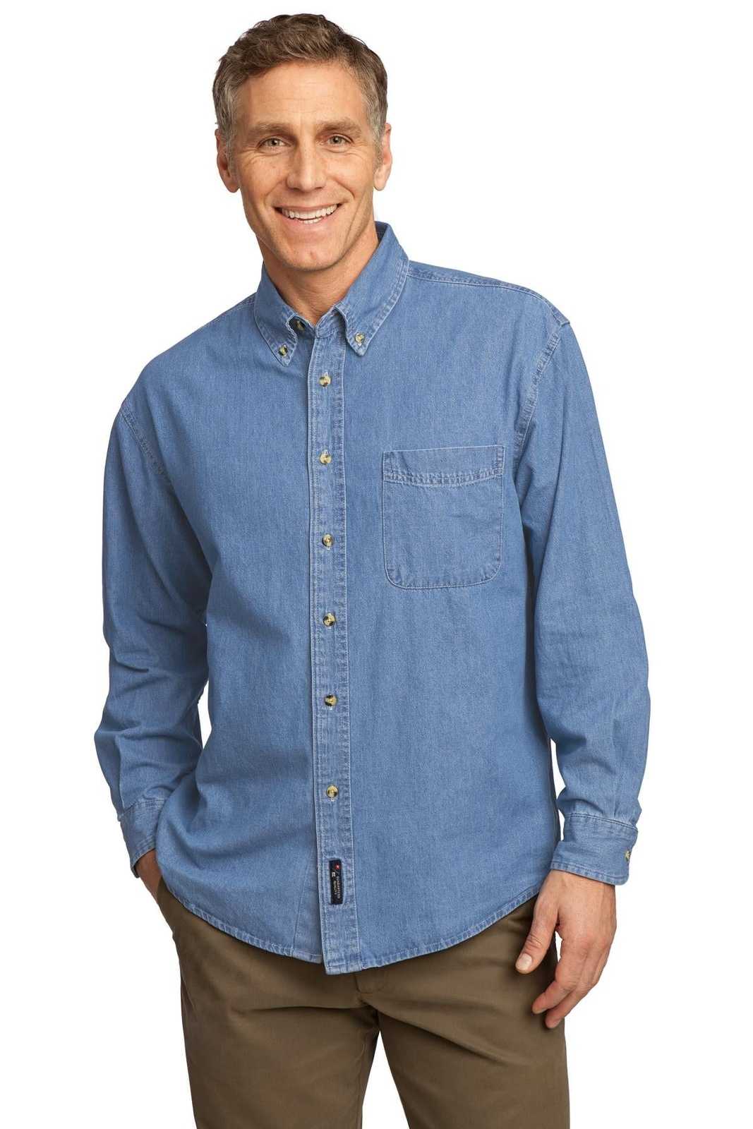 Port &amp; Company SP10 Long Sleeve Value Denim Shirt - Faded Blue - HIT a Double - 1