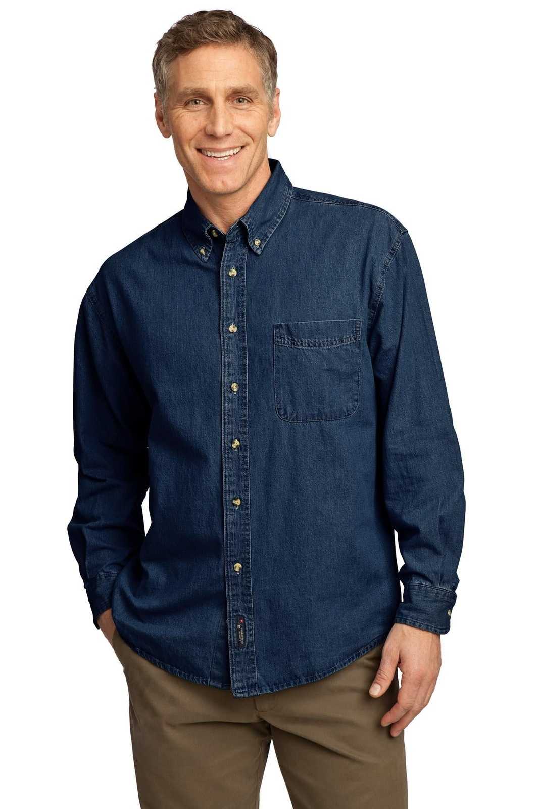 Port & Company SP10 Long Sleeve Value Denim Shirt - Ink Blue - HIT a Double - 1