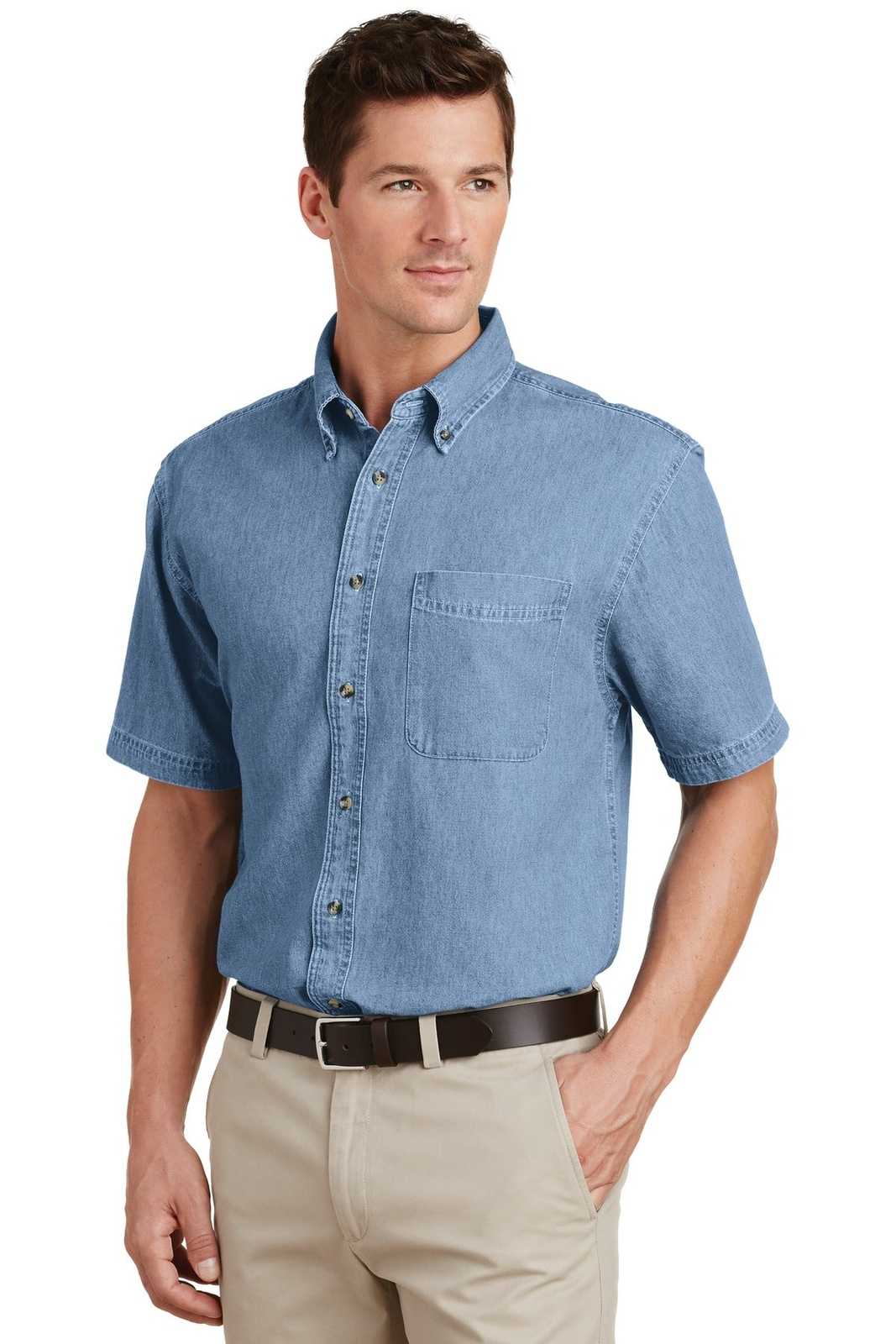 Port &amp; Company SP11 Short Sleeve Value Denim Shirt - Faded Blue - HIT a Double - 4