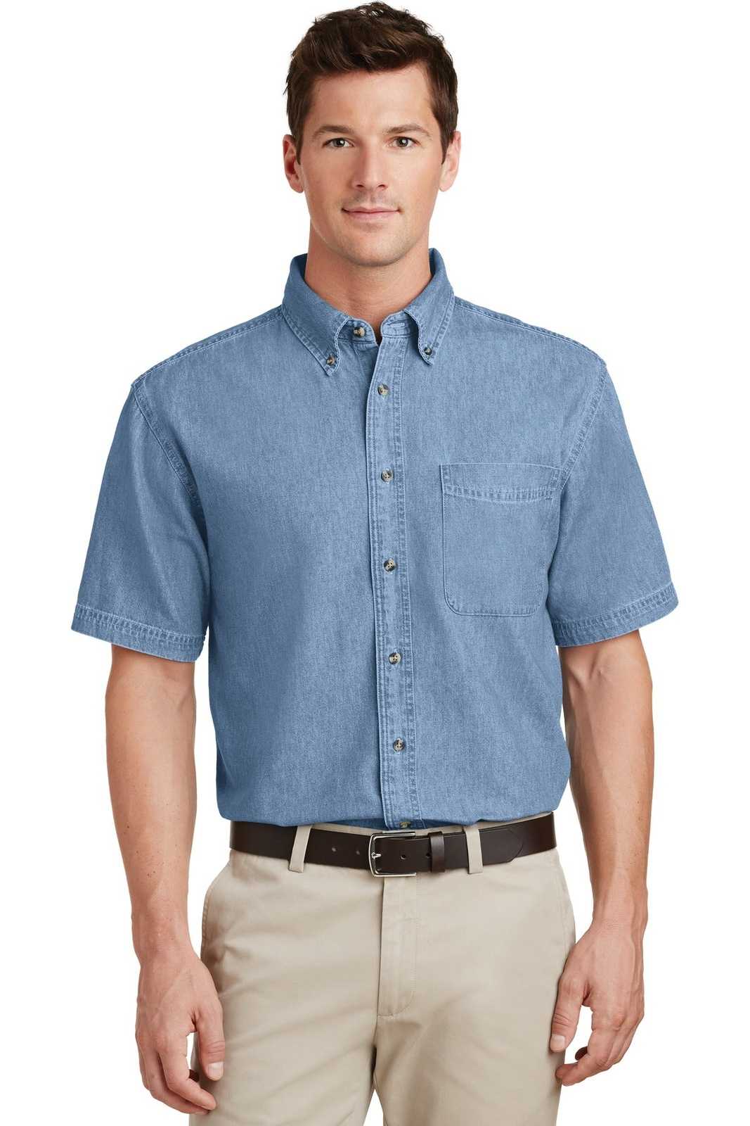 Port &amp; Company SP11 Short Sleeve Value Denim Shirt - Faded Blue - HIT a Double - 1