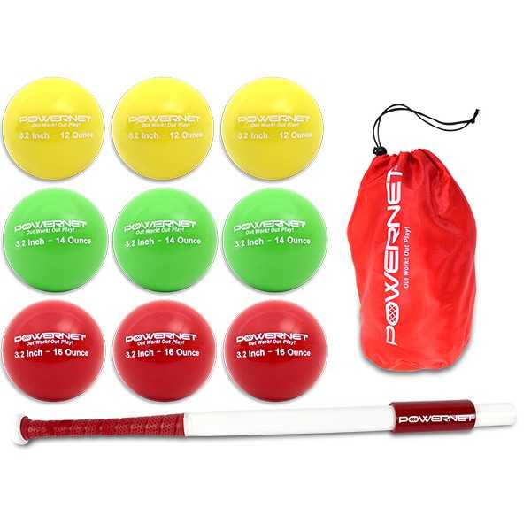 PowerNet Sweet Spot 34&quot; Training Bat and 2.8&quot; Progressive Weighted Ball (9 Pack) - Bundle - HIT A Double