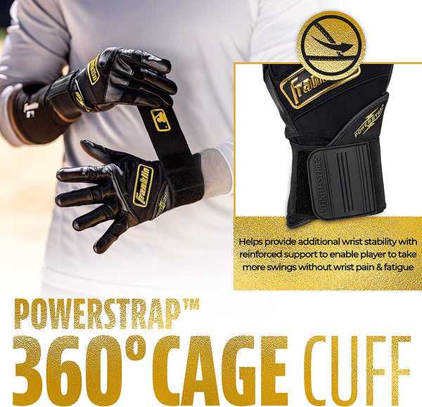 Franklin Powerstrap Infinite Series Adult Batting Gloves - Black Gold - HIT a Double - 6