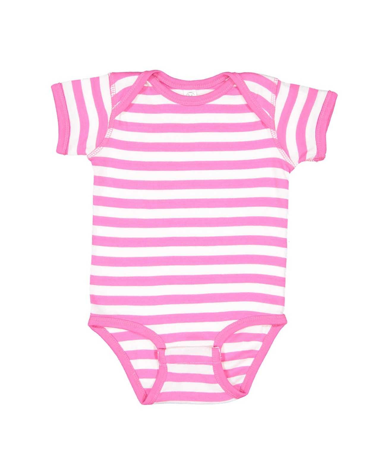 Rabbit Skins 4400 Infant Short Sleeve Baby Rib Bodysuit - Raspberry/White Stripe - HIT a Double